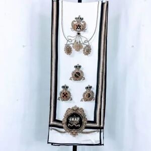 Baar & Beards Silk Scarf Vintage Black White Gold Royal Print 58" L 11" W